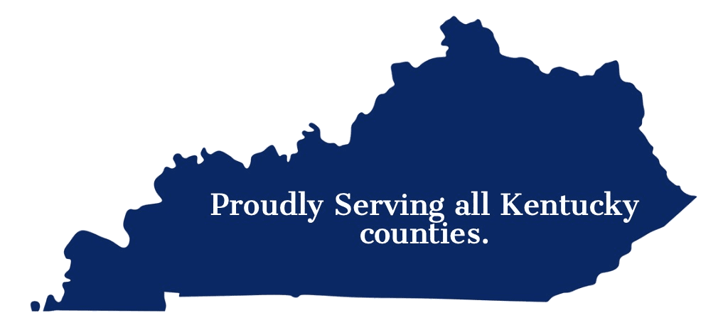 A blue and green map of kentucky with the words " proudly serving all ky counties ".